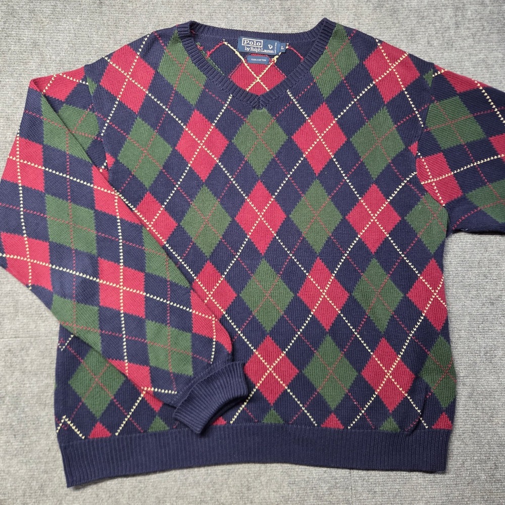 Polo Ralph Lauren Argyle V-Neck Sweater Mens Large Blue Green Red Cotton Knit